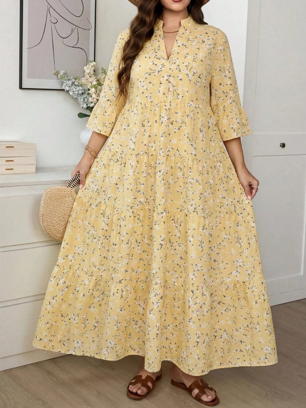 Yellow Boho Women's Ditsy Floral Sleeve Patchwork Tiered Maxi Dress - Picture 5 of 8
